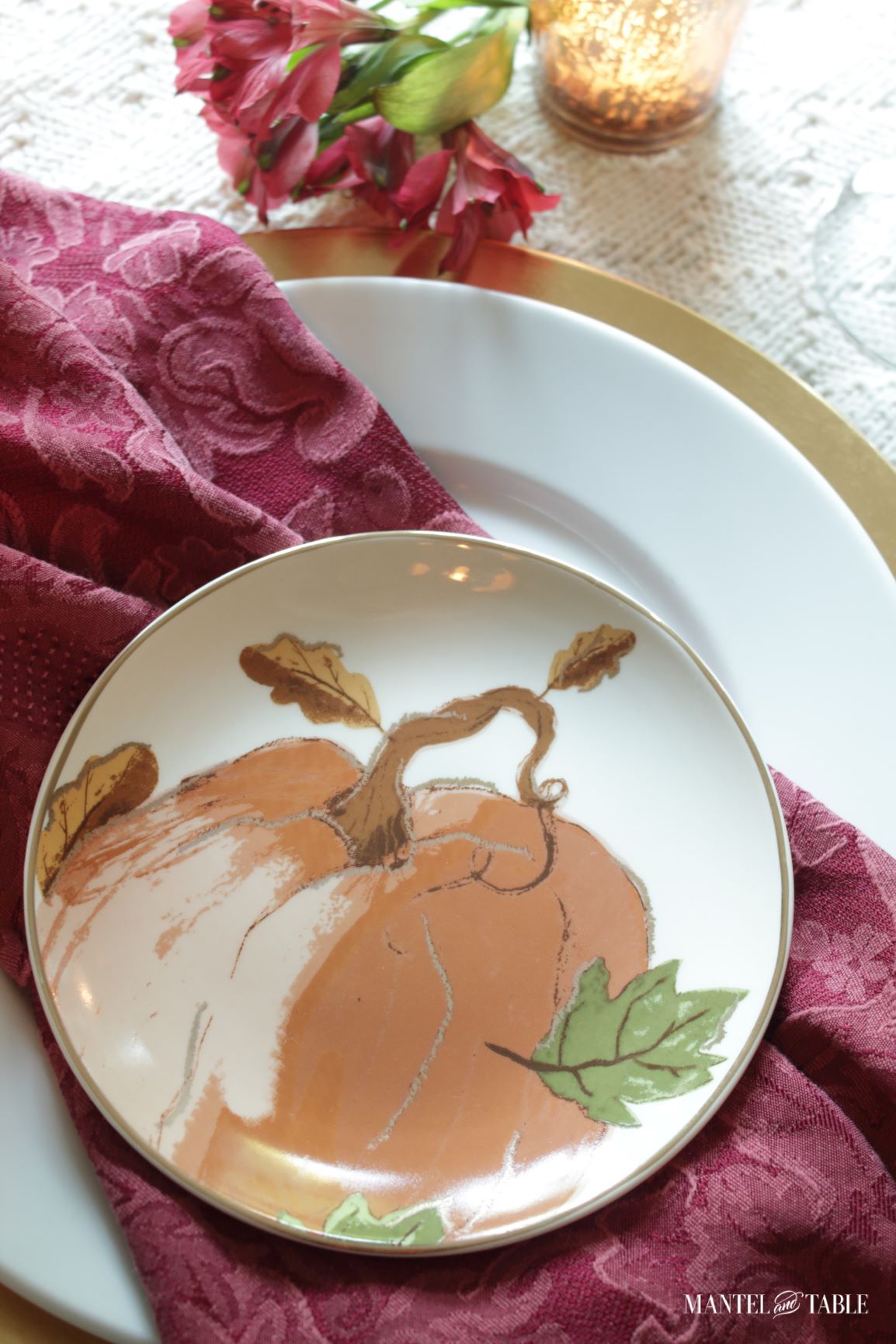 Closeup of round orange pumpkin plate