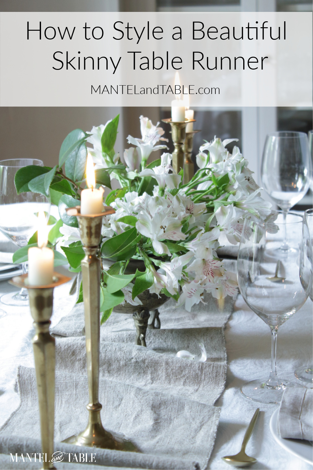 Skinny Linen Table Runner in white tablescape. Pinterest banner