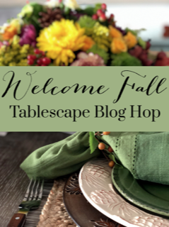 Green tablescape with yellow flowers Welcome Fall Tablescape Blog Hop banner