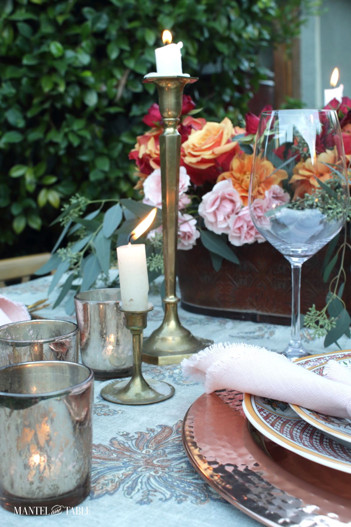 Closeup of candles in beautiful table setting