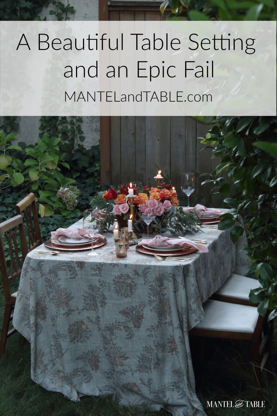 Beautiful Table Setting outside in the yard. Pinterest banner