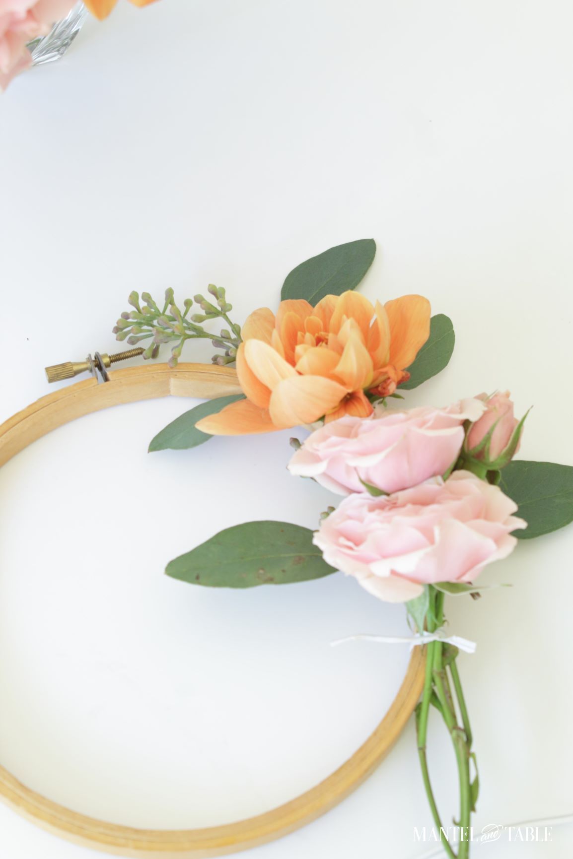 Fall Wreath DIY - adding pink garden roses to the hoop