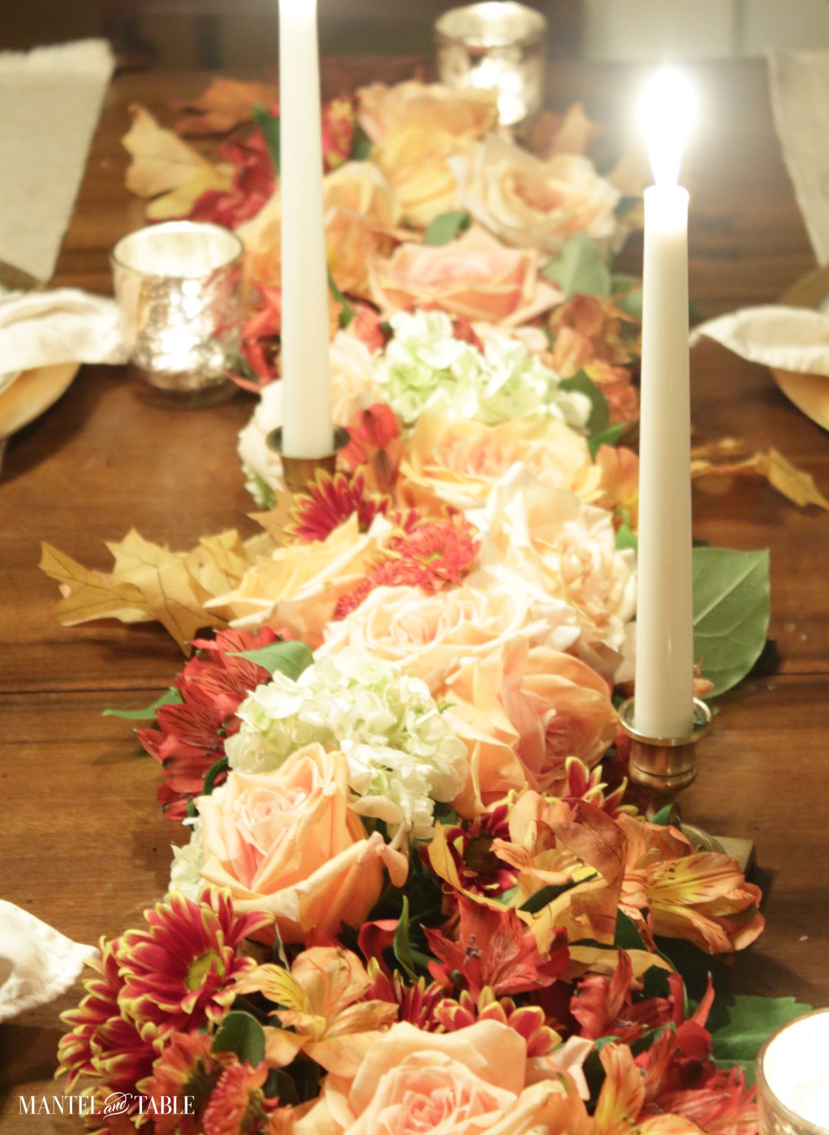 closeup of fall tablescape flower garland