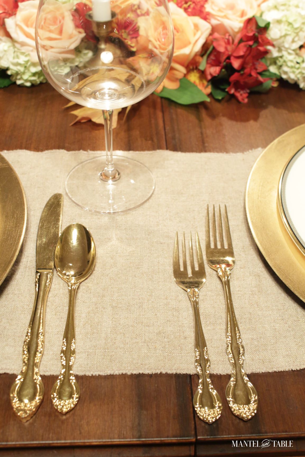 gold flatware at fall tablescape place setting