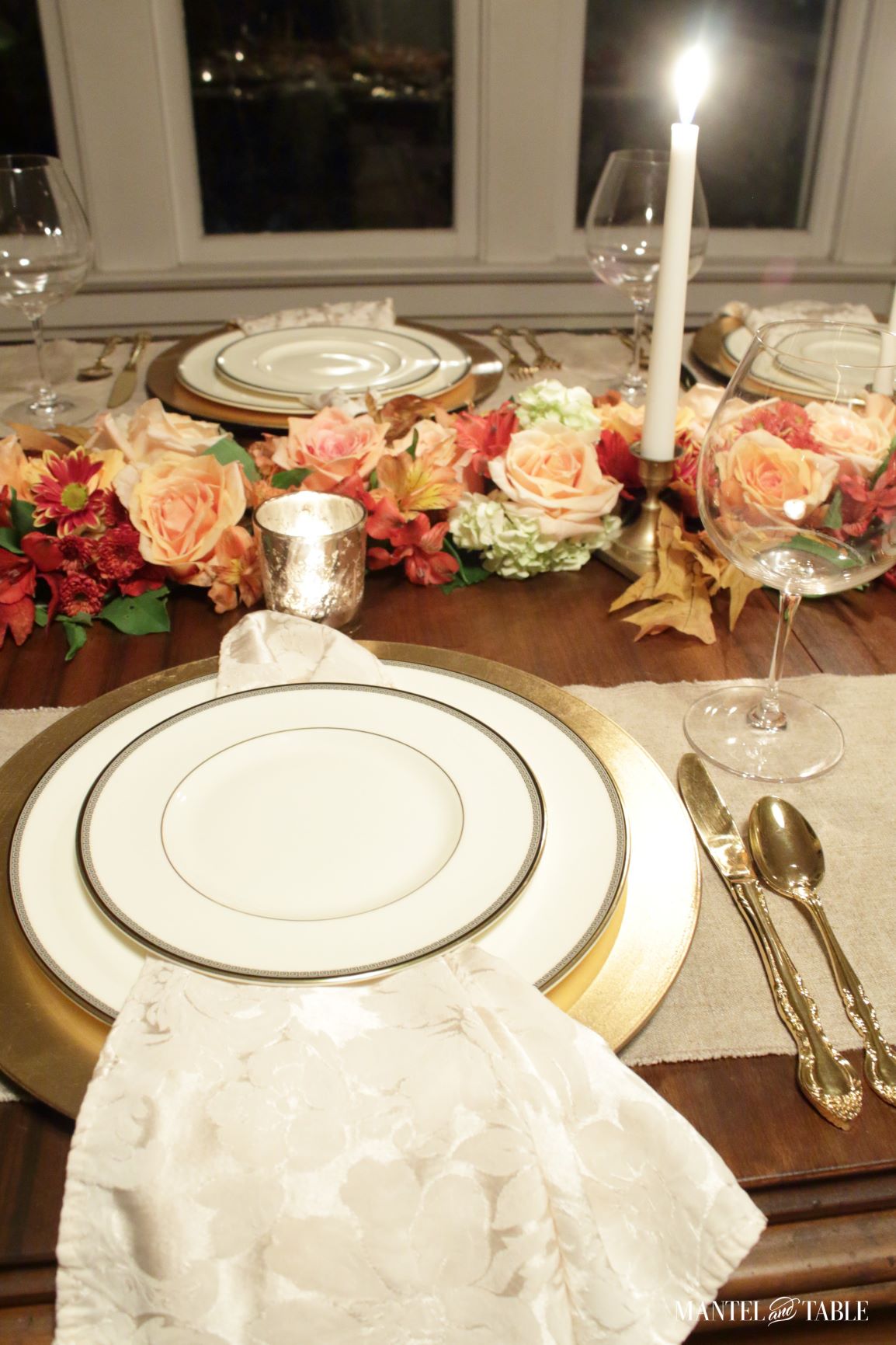 view across the table of two place settings