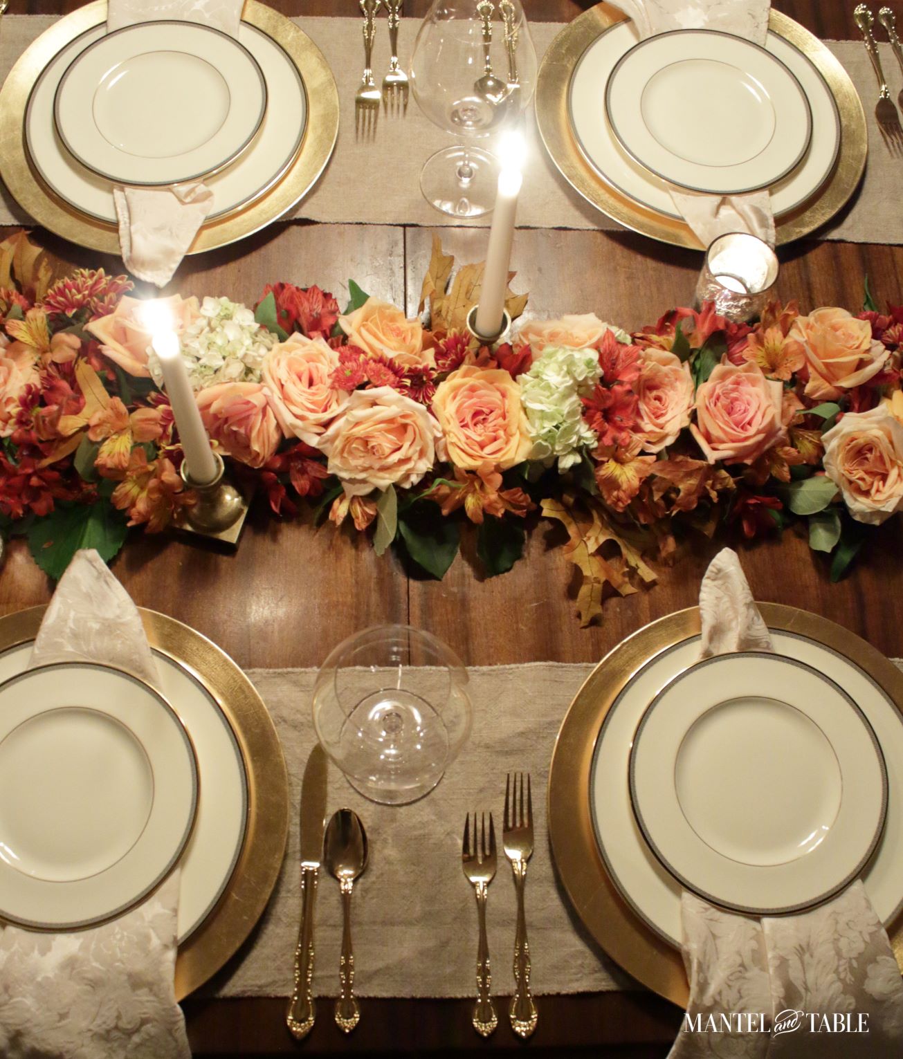 fall tablescape with flower garland centerpiece