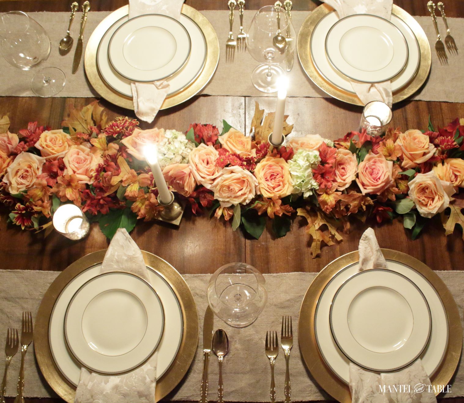 White gold and peach tablescape from above