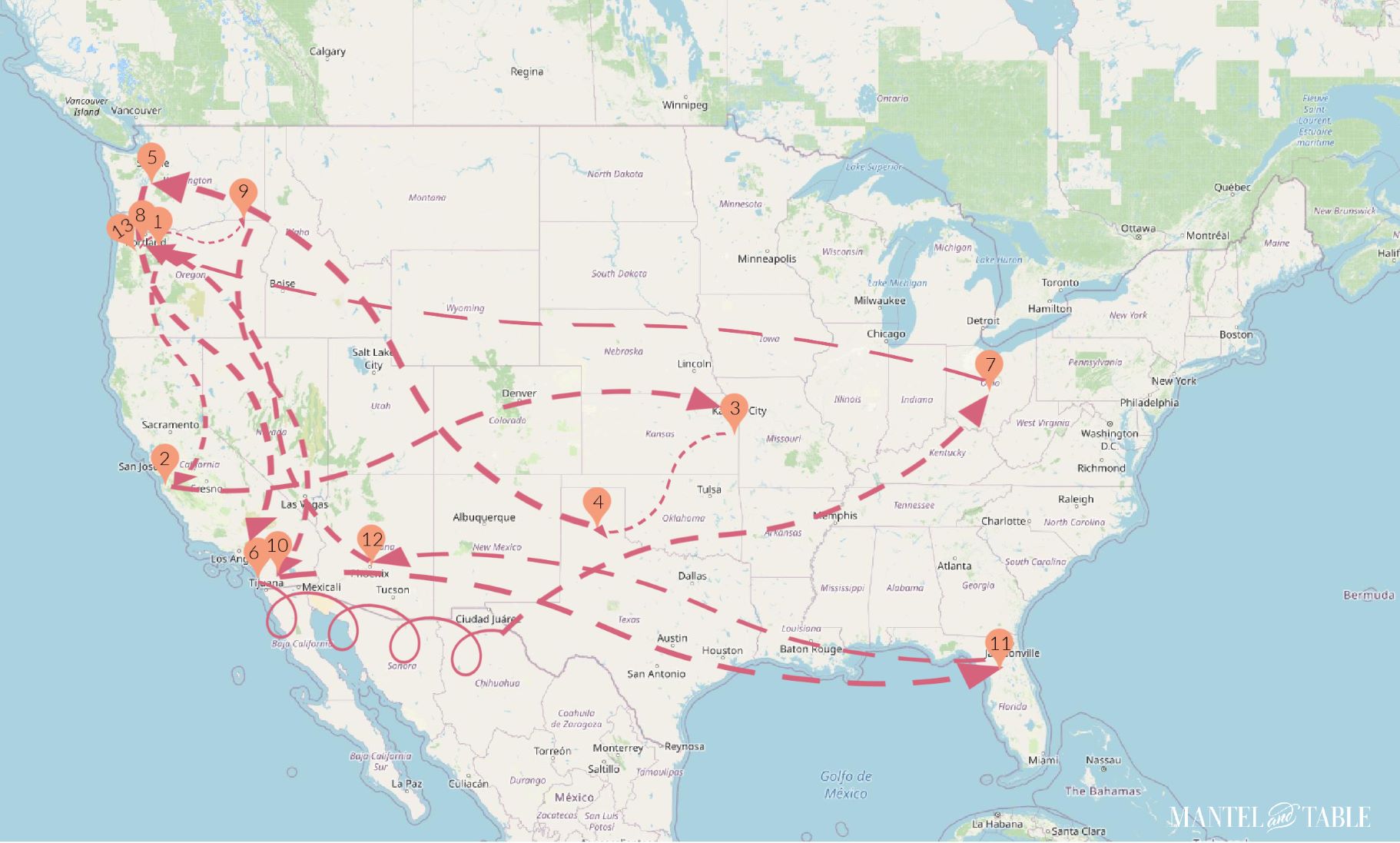 US map with Teacup route marked with arrows