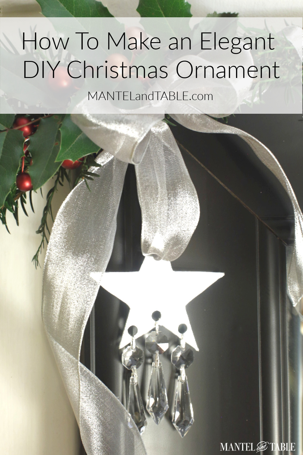 Elegant DIY Christmas Ornament silver star hanging on black frame by silver ribbon. Pinterest banner
