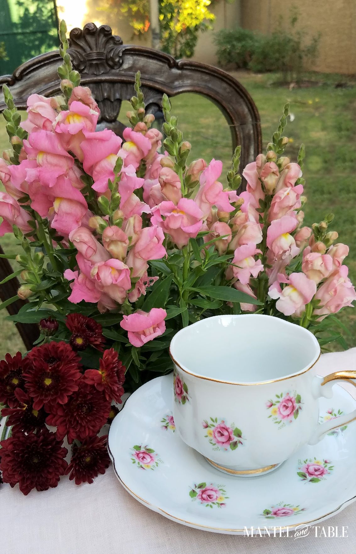 Beautiful teacup, pink snapdragons, and maroon asters