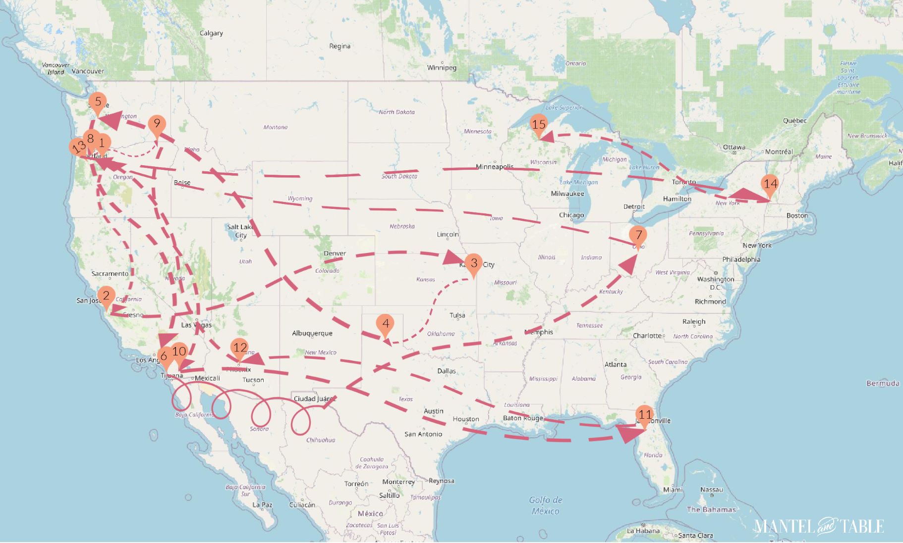US map with traveling teacup routes