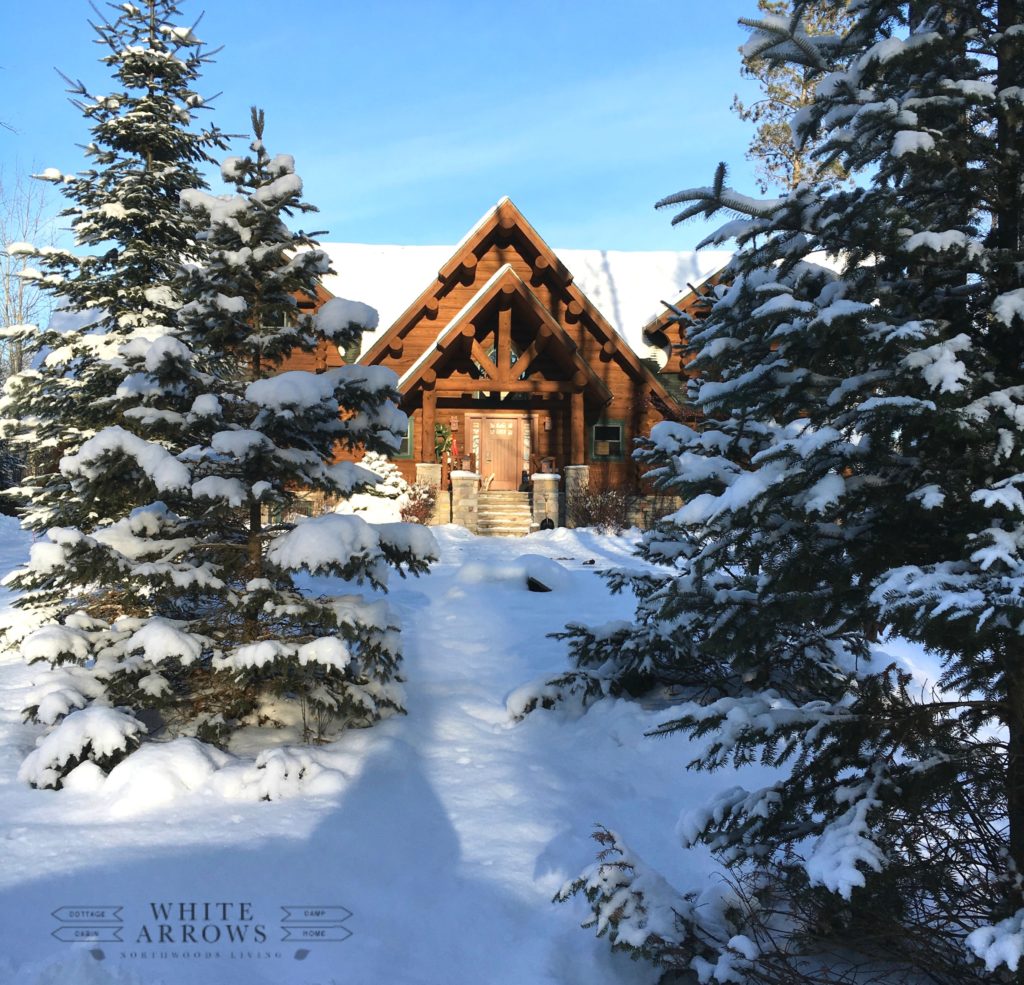 Log home in the winter woods.