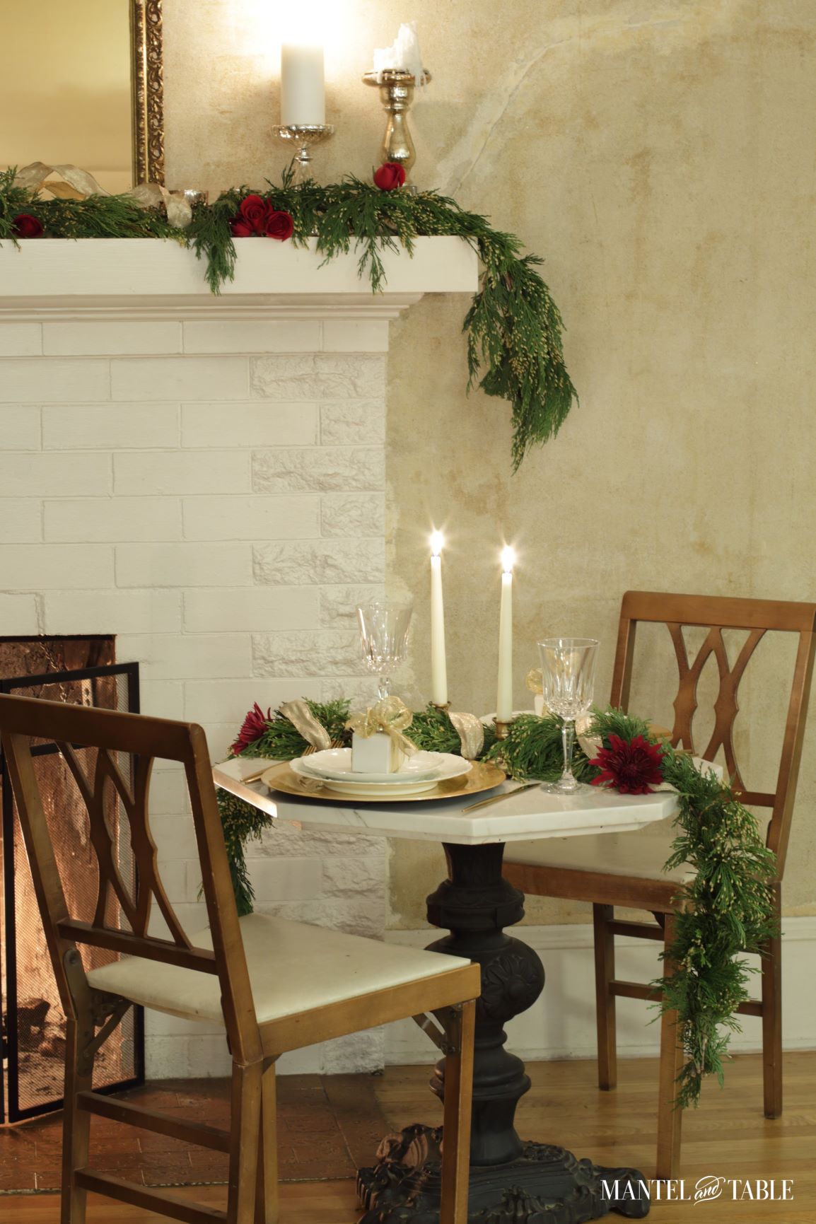 Tablescape for Two on white table by the fire