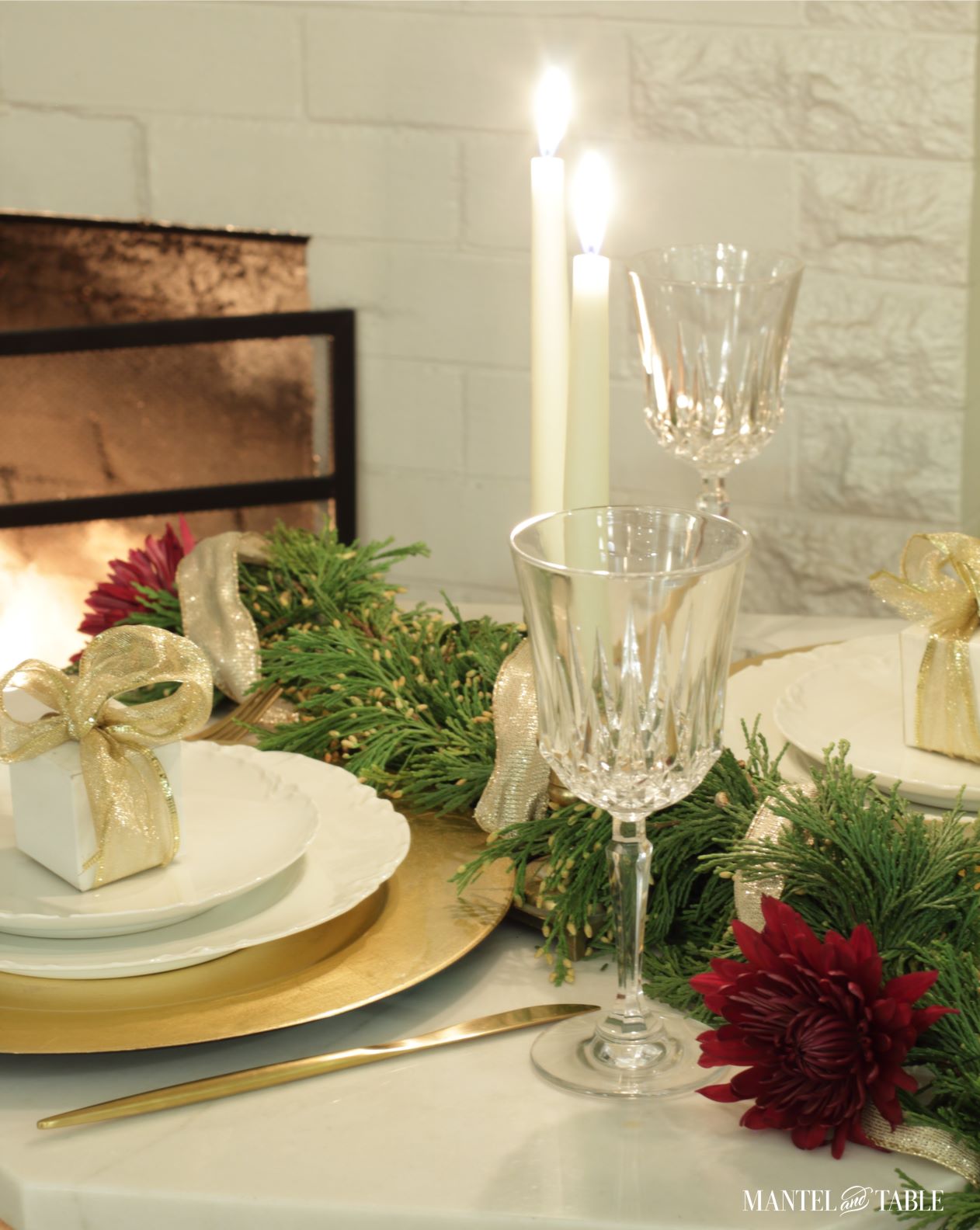 White and gold tablescape with crystal classes