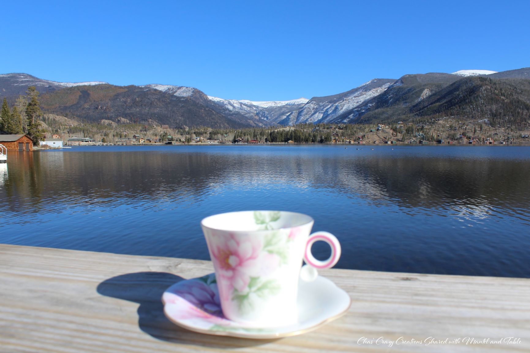 Teacup Adventure - Beautiful mountains and lake with teacup in foreground