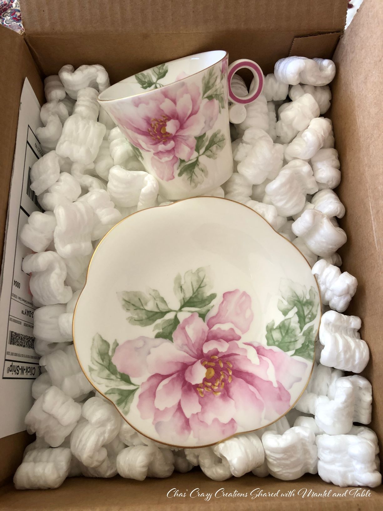 Teacup Adventures - cup and saucer in shipping box with packing peanuts