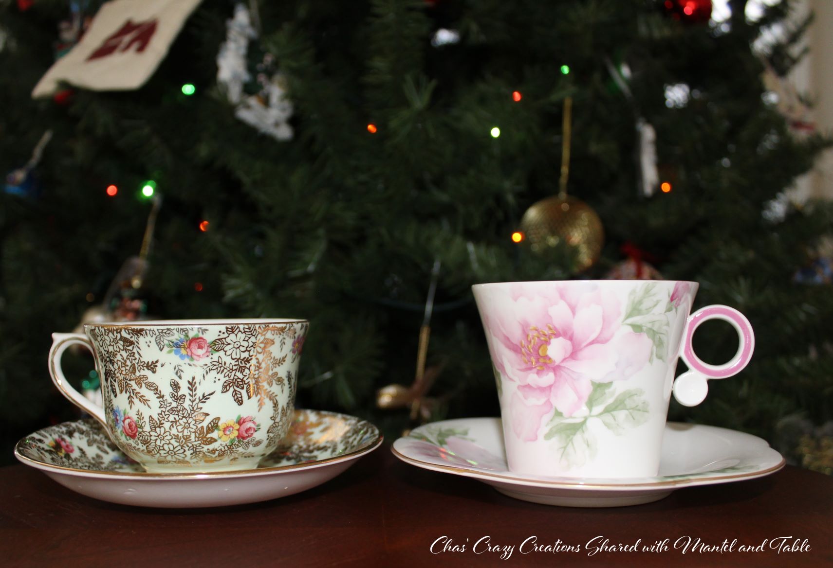 Teacup Adventure - two pretty teacups with Christmas tree