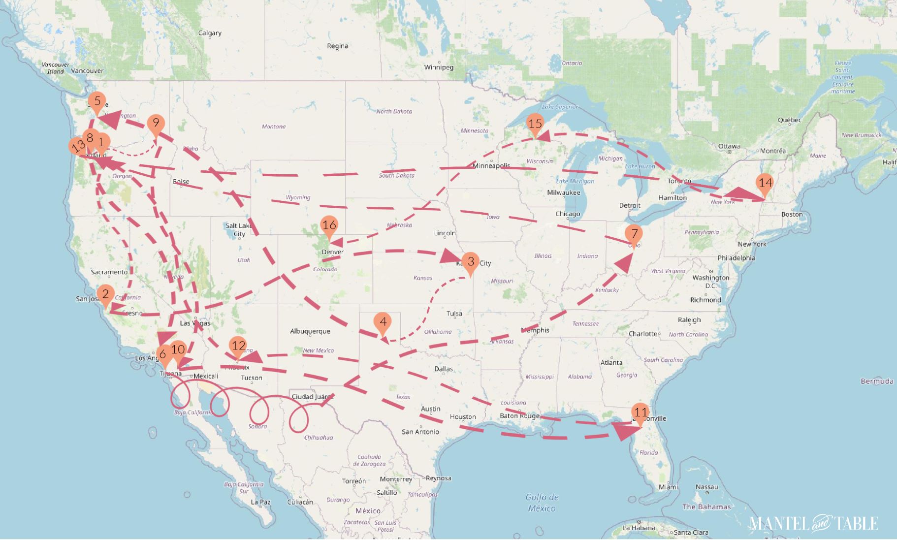 US Map with teacup routes