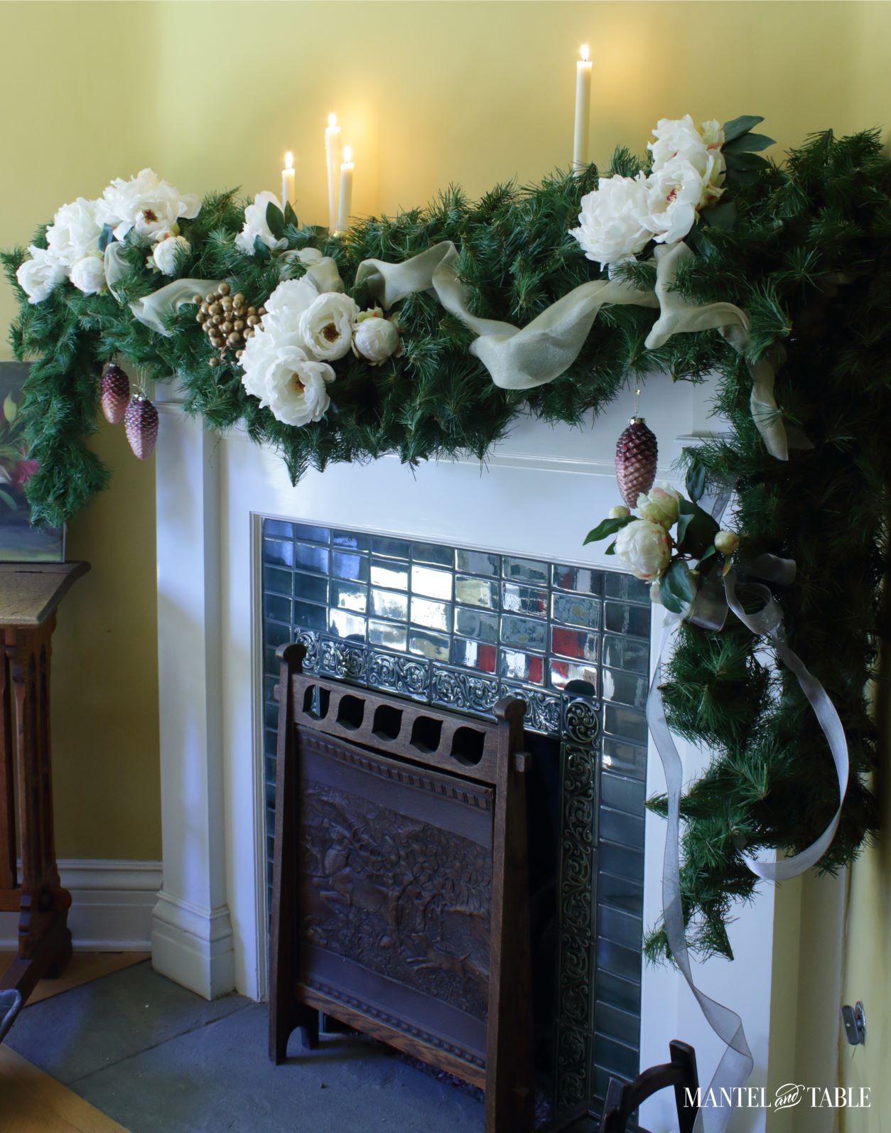 White peony mantel with gold ribbon, pink ornaments