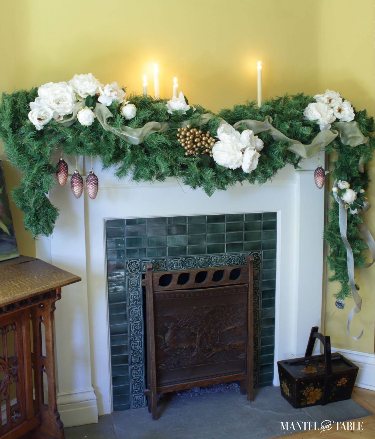 White peony mantel full view with gold berries, candles