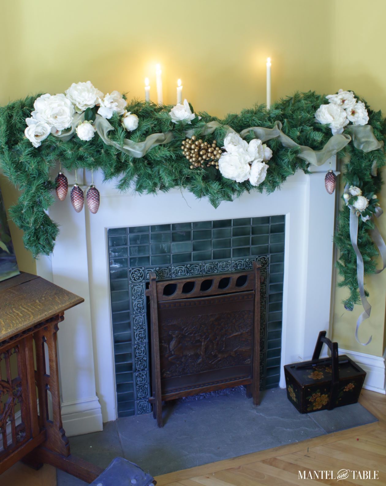 White peony mantel full view looking slightly downward