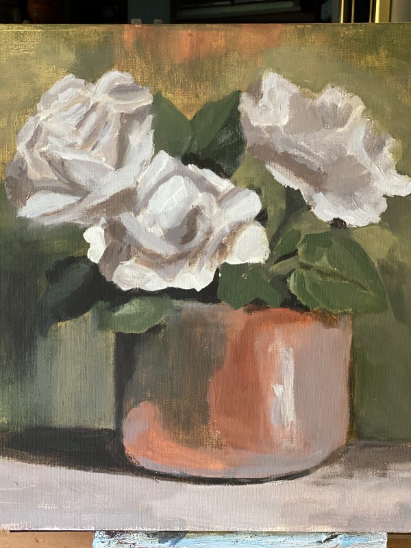 Unfinished painting of white roses