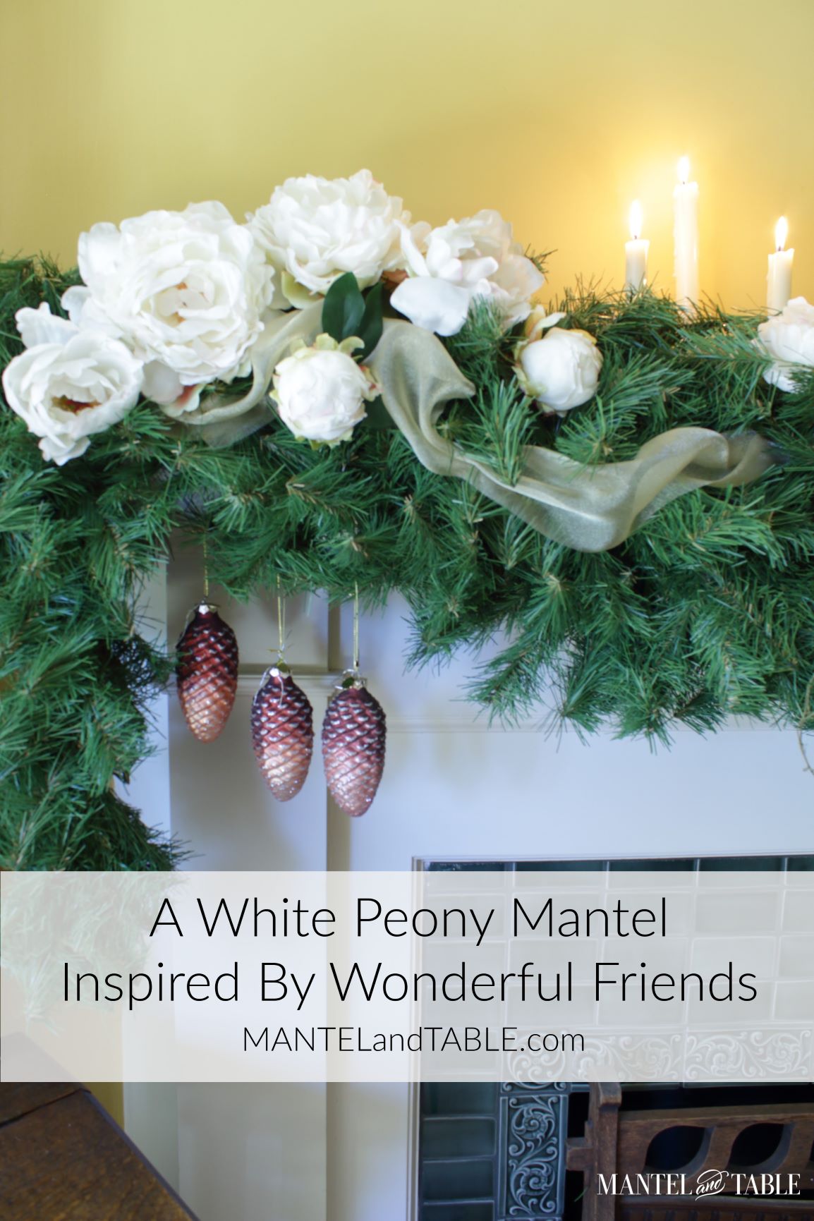 White Peony Mantel photo with Pinterest banner