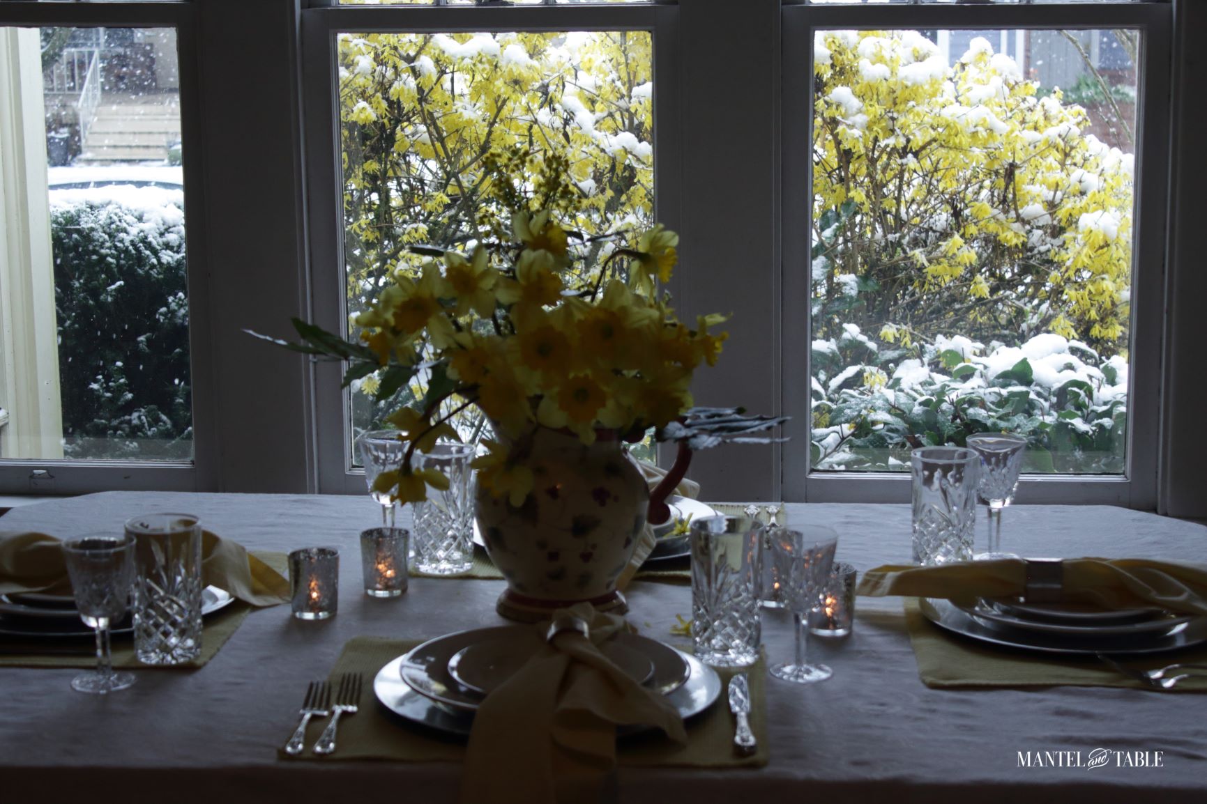 View out the window of snow covered bushes and daffodil table setting in candlelight