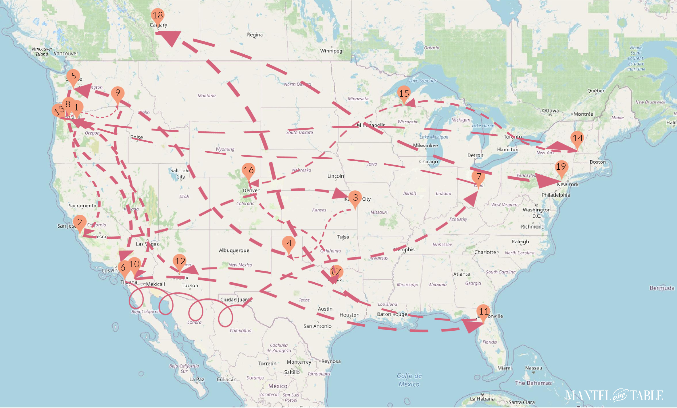 US map and part of Canada with Traveling Teacup routes