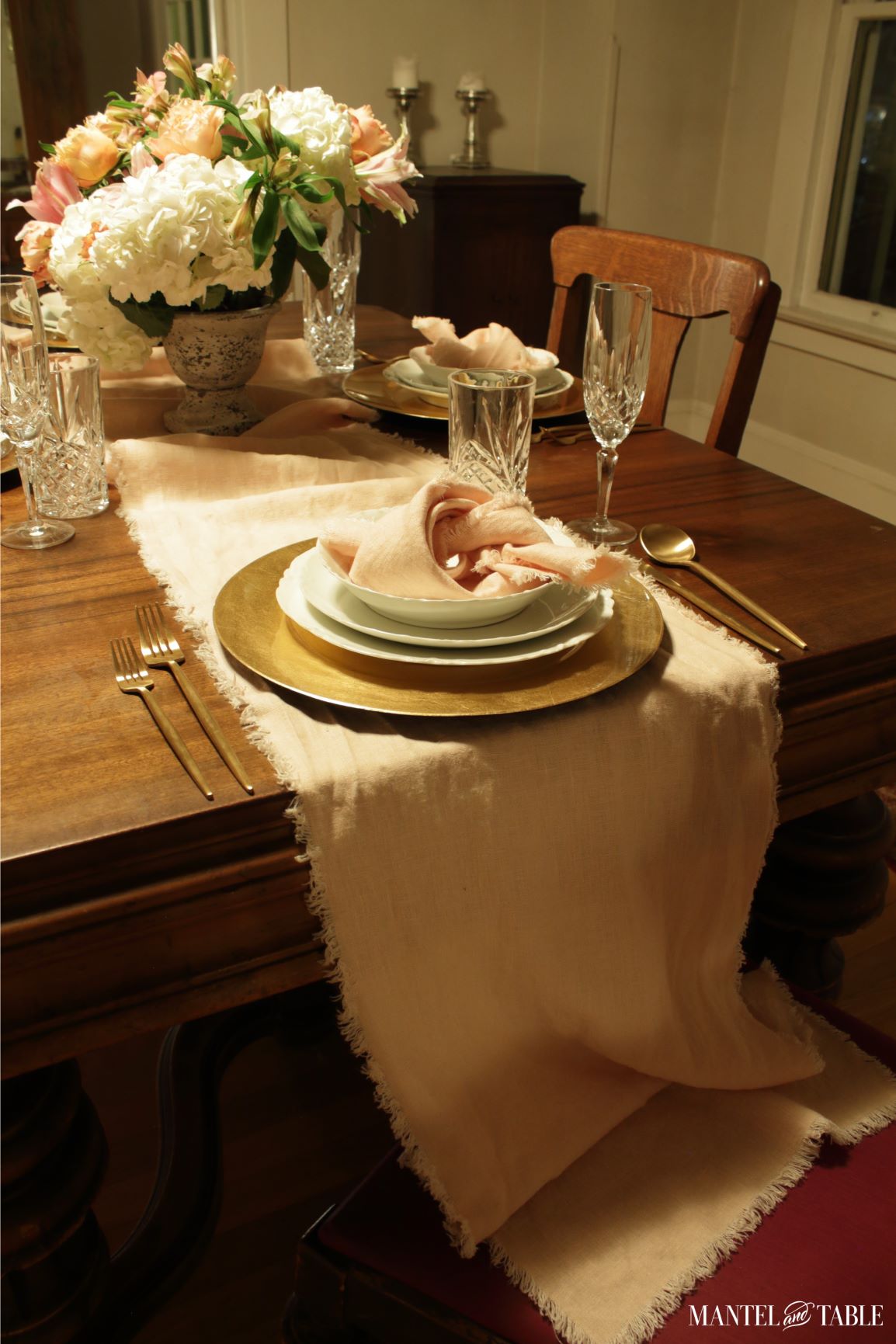 Side view of table runner draping over the end of the table