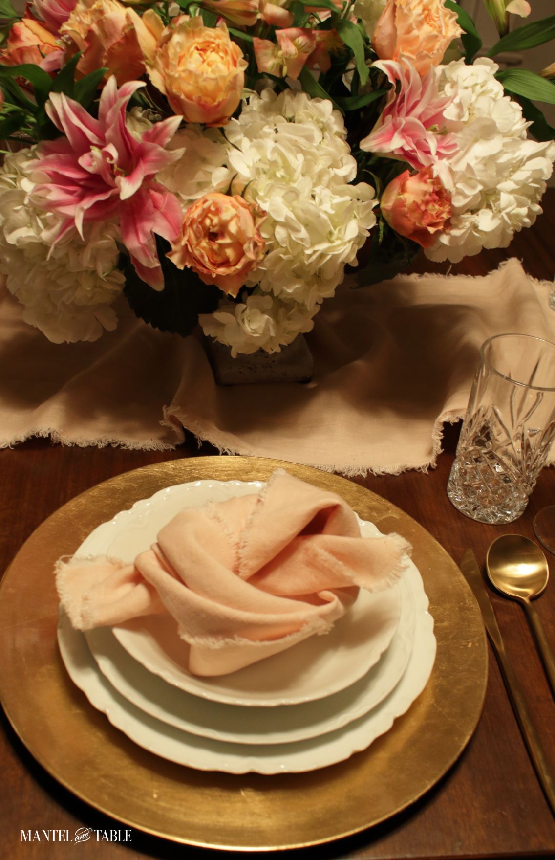 Romantic Valentine's Tablescape - peach, blush, & white flower centerpiece
