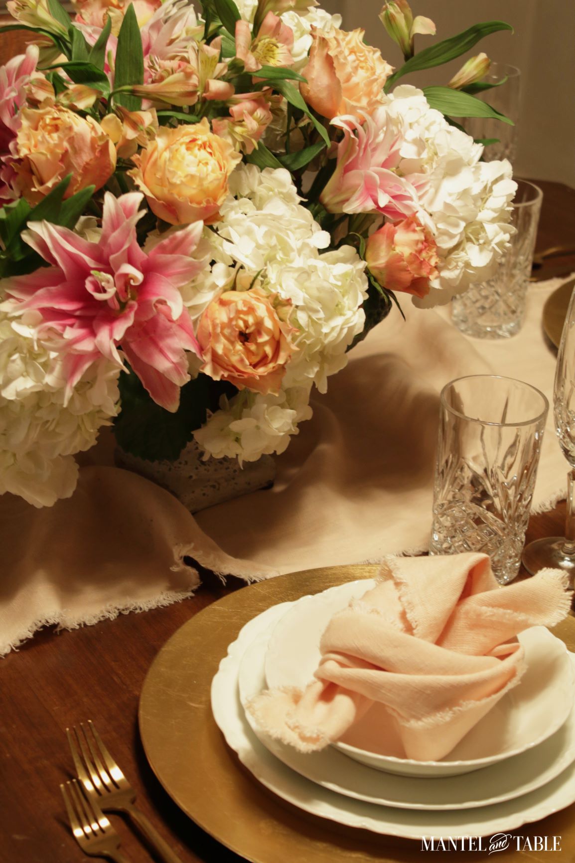 Romantic Valentine's Tablescape - closeup of flowers and napkin