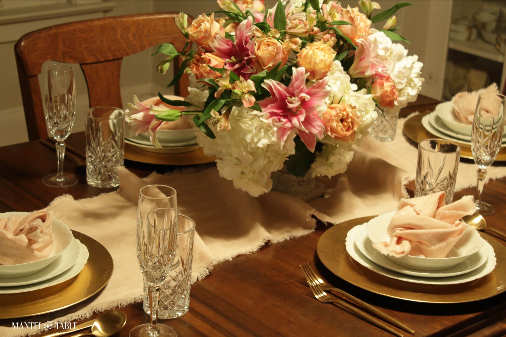 Side view of Romantic Valentine's Tablescape centerpiece and 4 place settings
