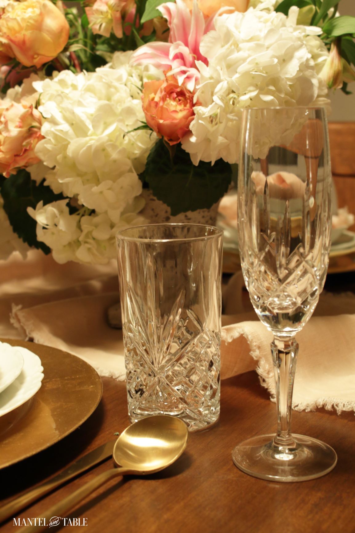 Romantic Valentine's Tablescape - closeup of crystal water and champagne glasses