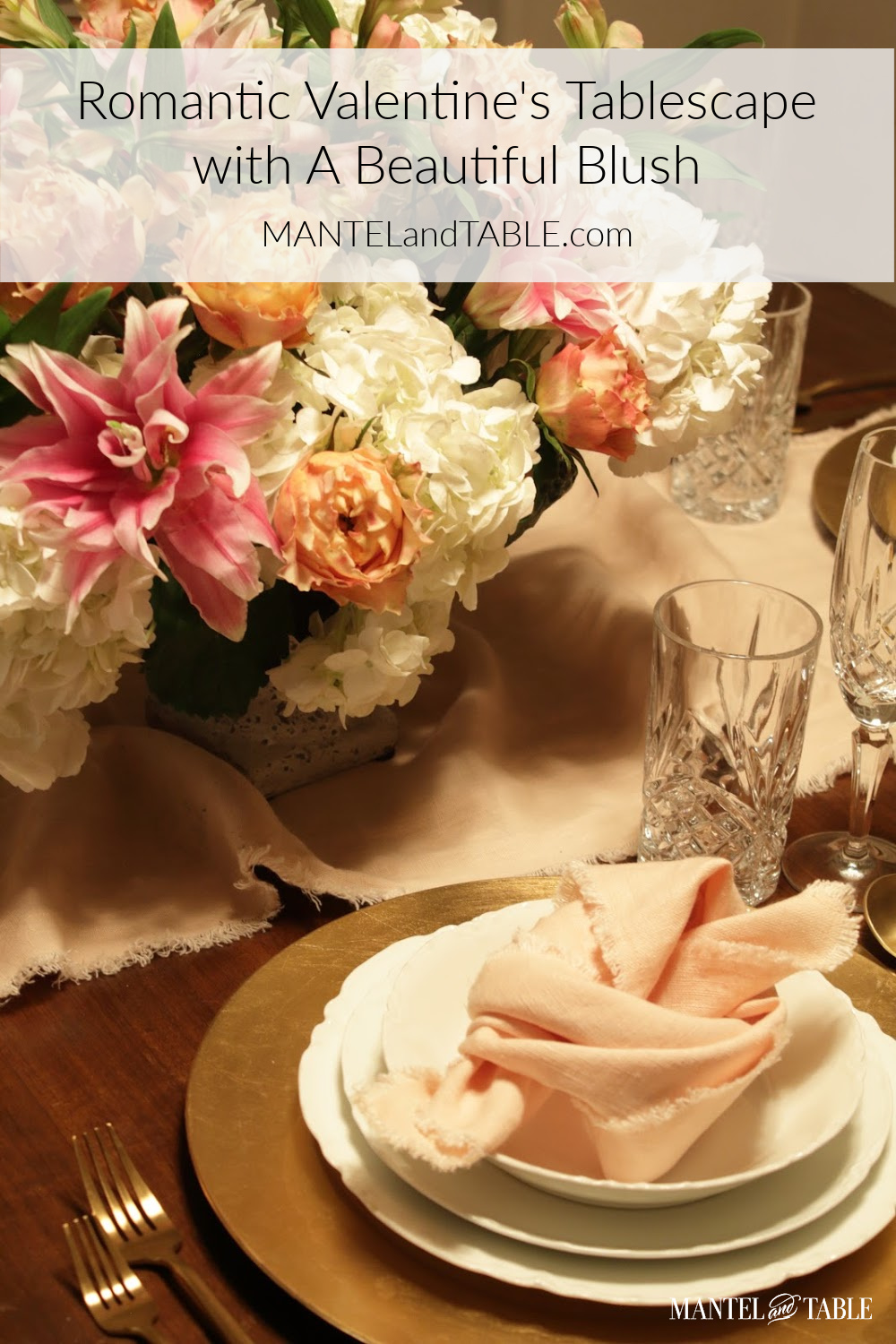 Romantic Valentine's Tablescape - Closeup of flower centerpiece and place setting, Pinterest banner