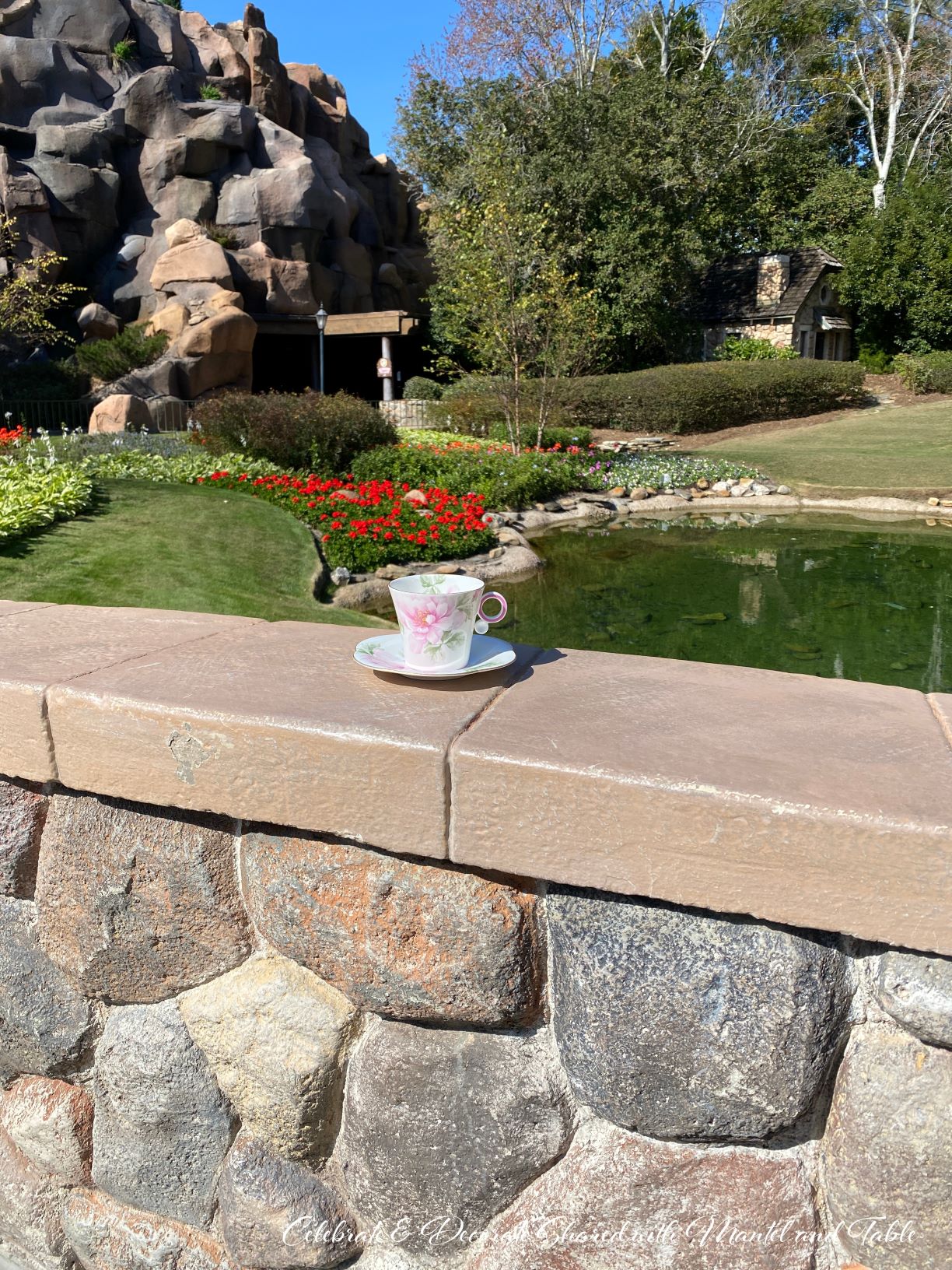 Tea at EPCOT - teacup and saucer on a stone wall in front of a lawn and flower garden