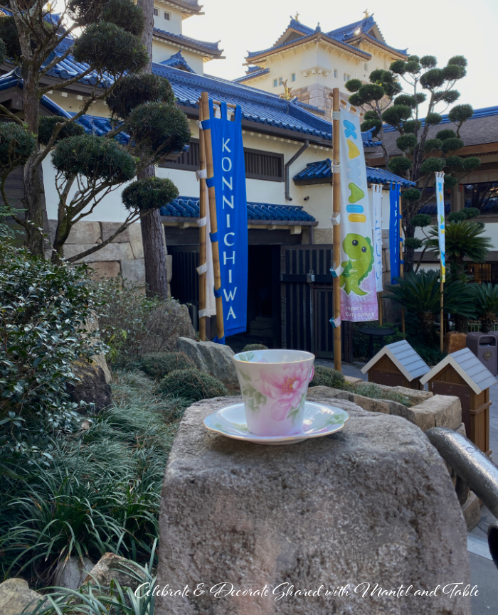 Teacup and saucer on a rock in front of the Japan Pavilion