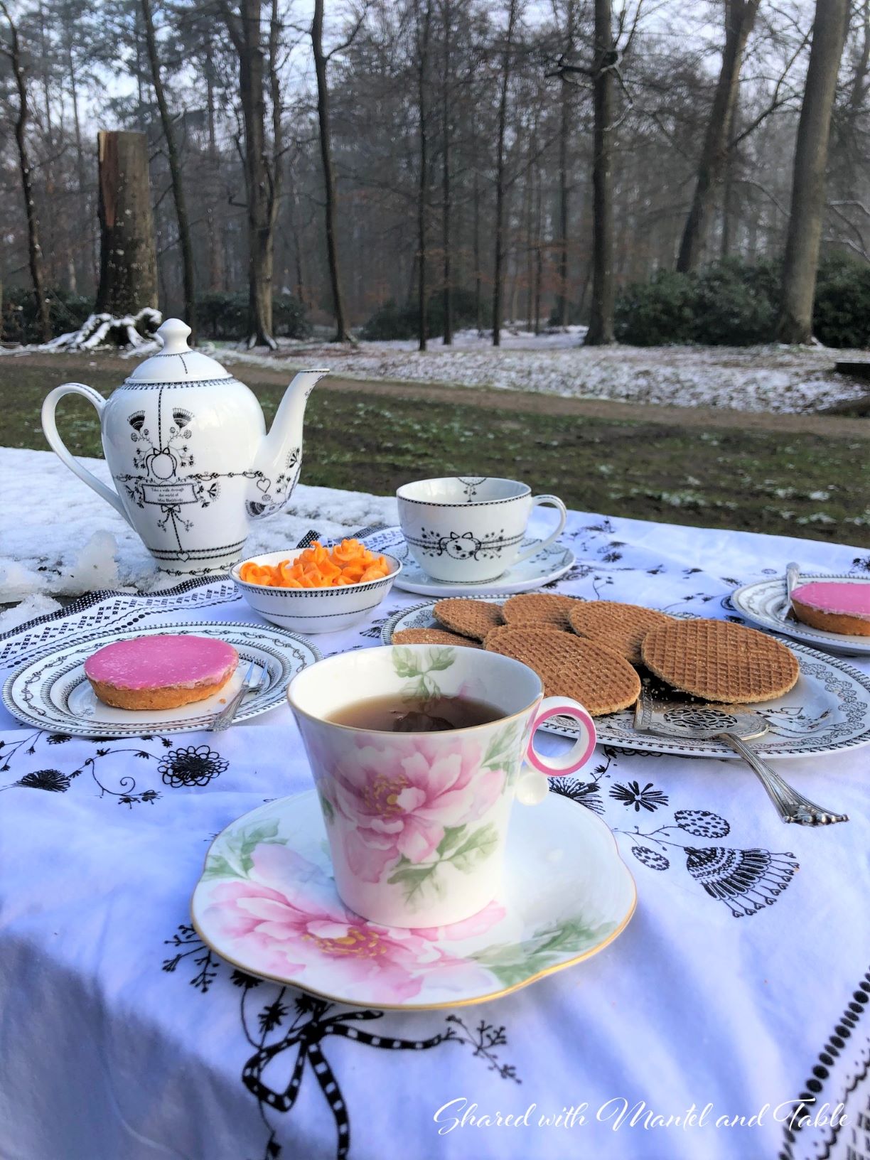 Tea table featuring Traveling Teacup and paprika pretzles