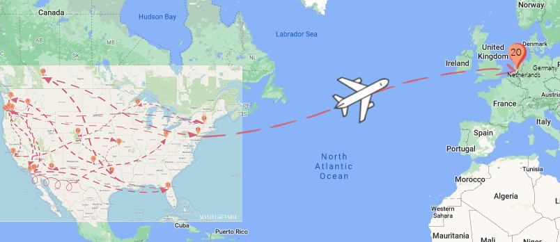 US and Europe map with Traveling Teacup's routes