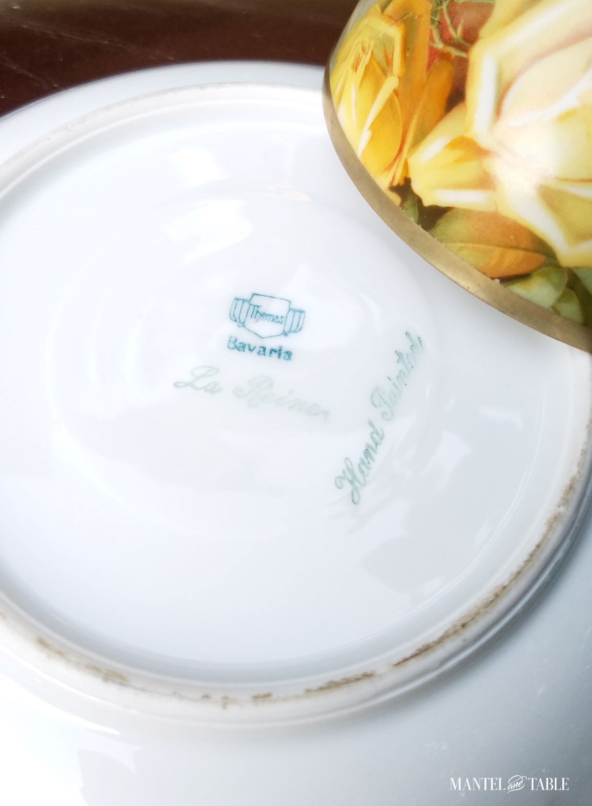 Underside of saucer, teacup upside down on edge