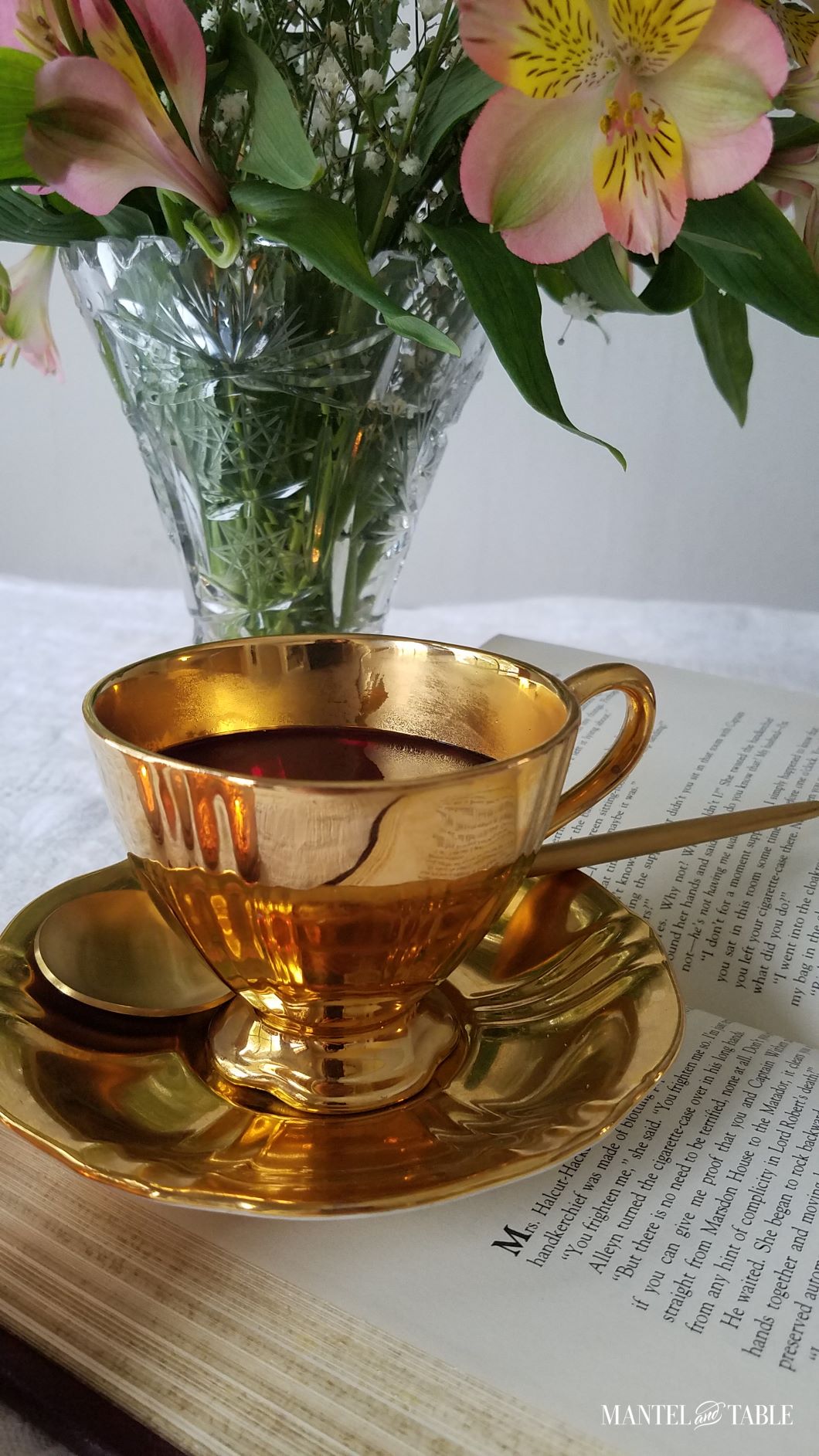 Side view of gold teacup