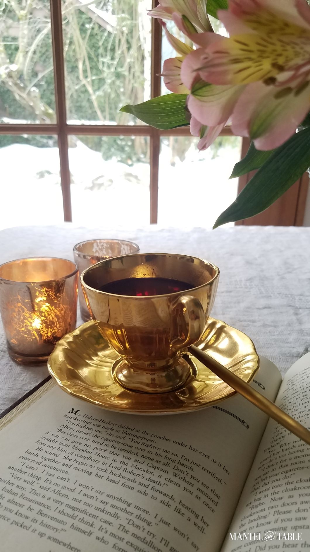 Cup and saucer with snow view in the background