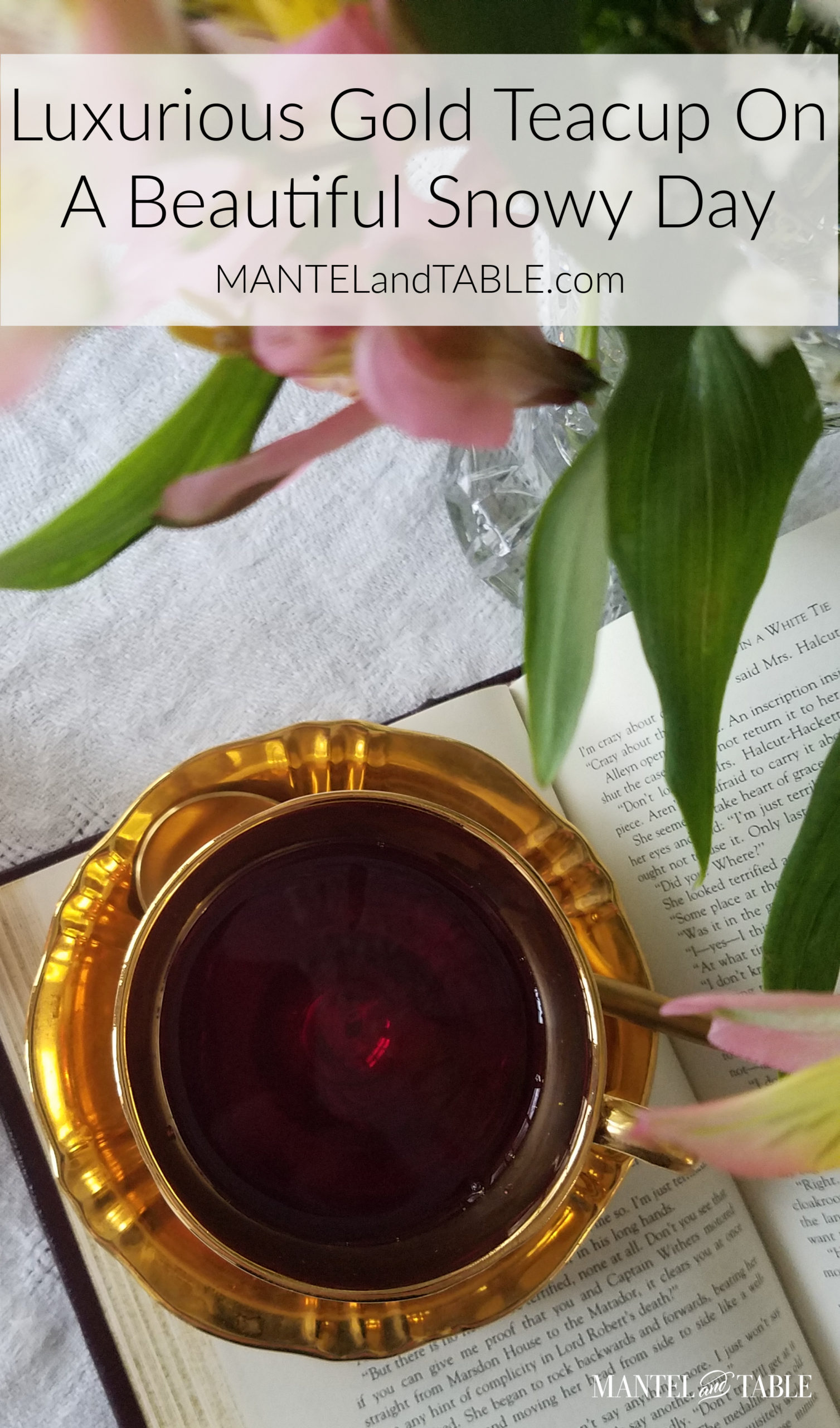 Gold teacup from above, Pinterest banner