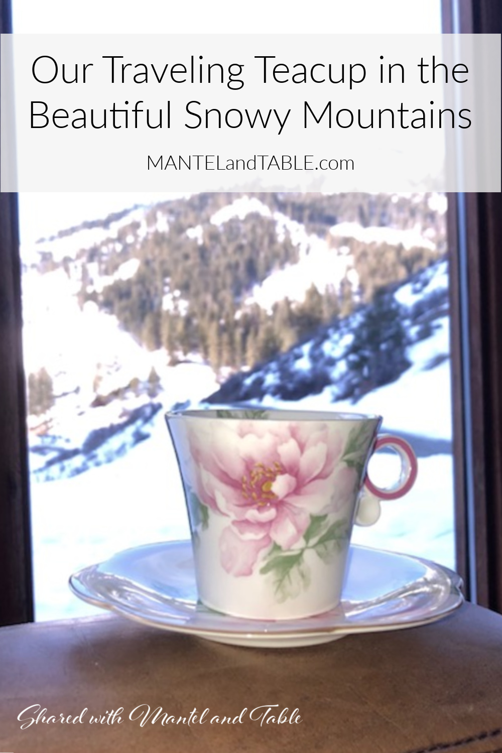 Pink and white flowered tea cup in front of window with snowy mountain view