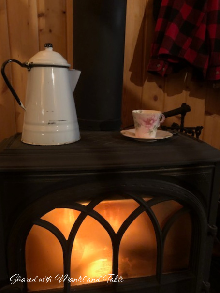 Our Traveling Teacup on top of a woodstove with coffee pot, and flannel shirts hanging on pine paneled wall
