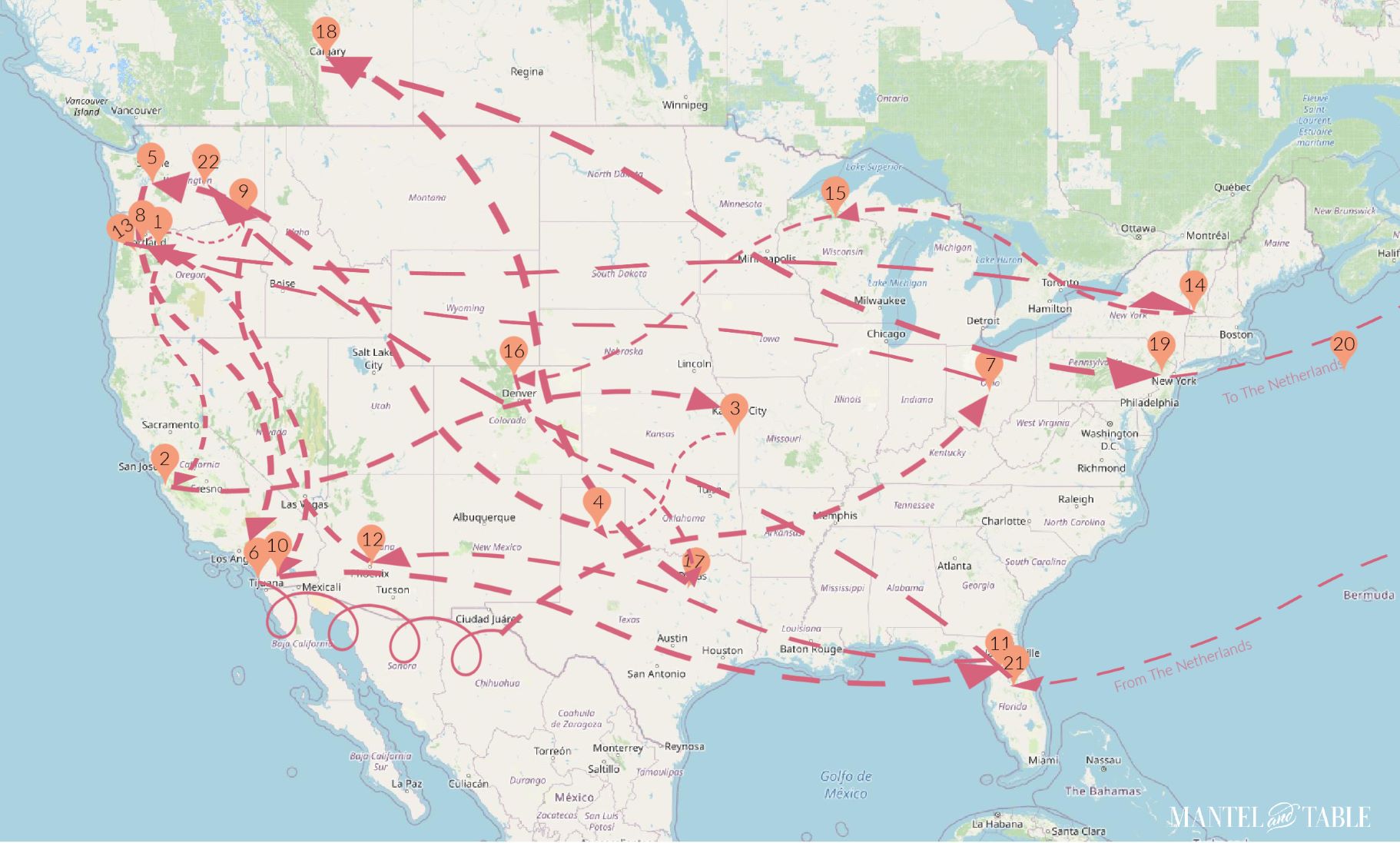 US Map with teacup stops and routes