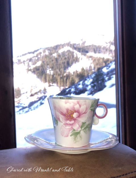 Pink flowered teacup in front of window with snowy mountain view