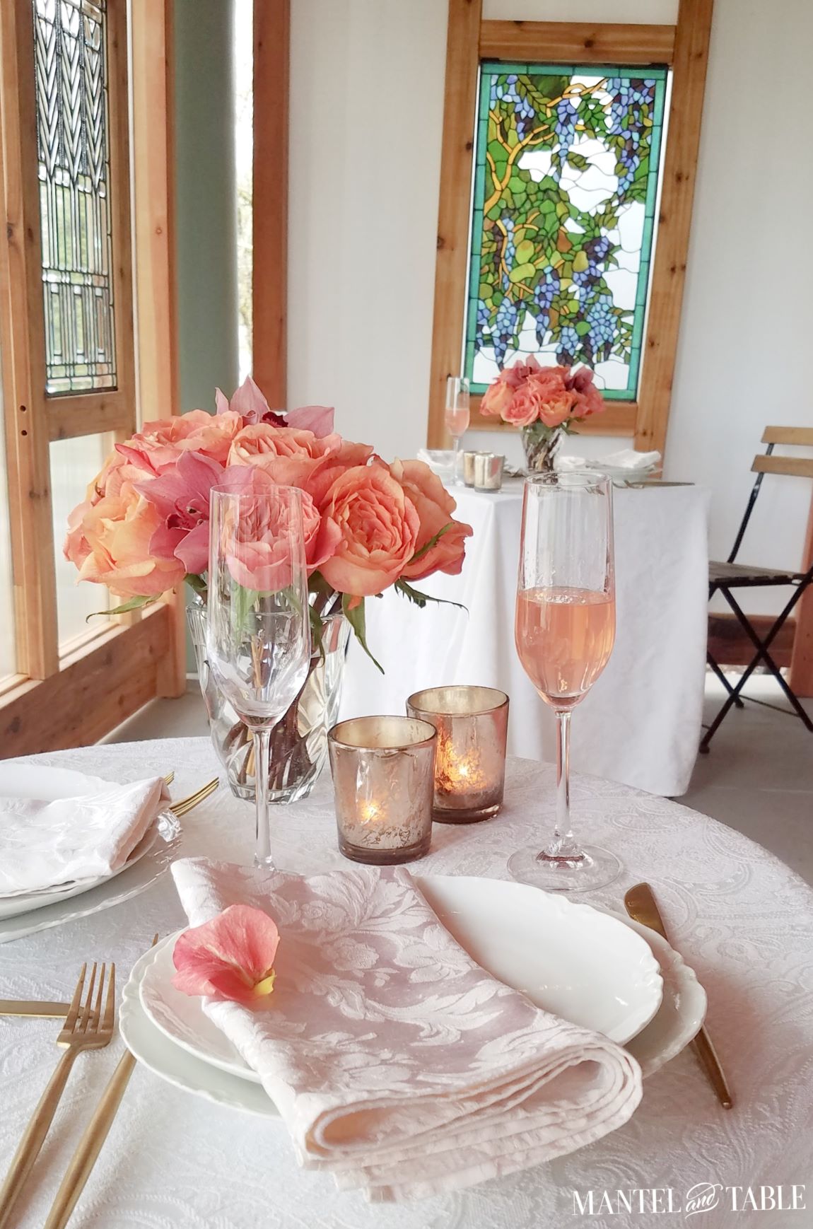Two socially distant tablescapes featuring pink vodka in champagne glasses