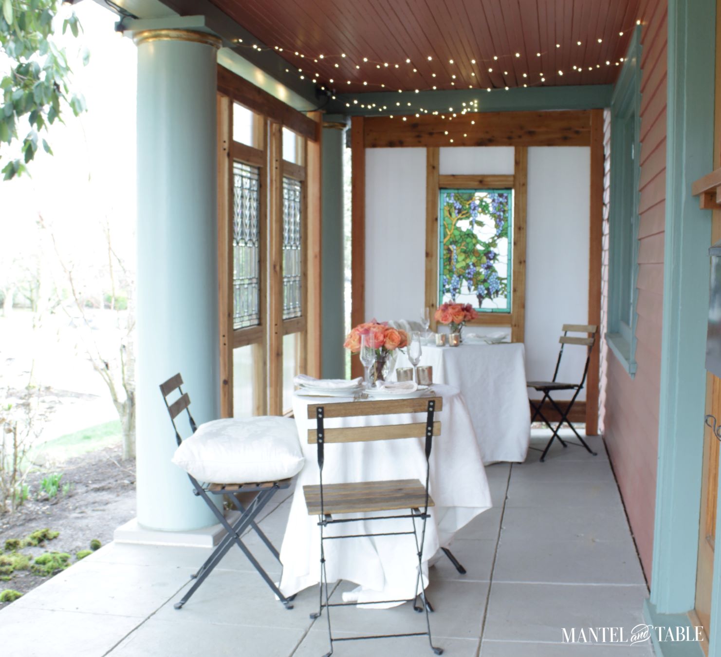 View of Socially distant tables from the end of the porch
