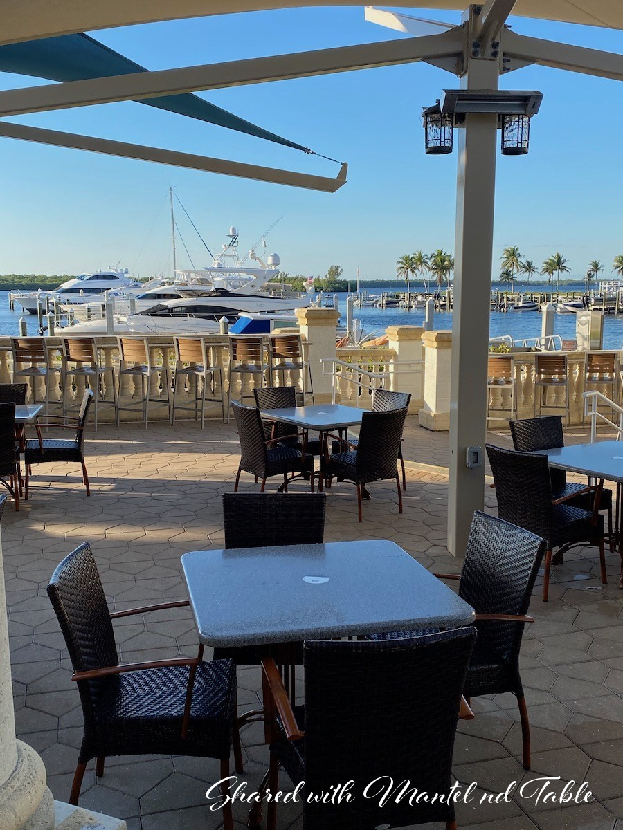 Outdoor dining area at Marker 92 Restaurant on the gulf in Cape Coral Florida
